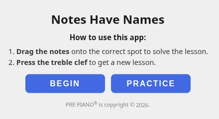 The popup that appears when the app loads, with the BEGIN and PRACTICE buttons