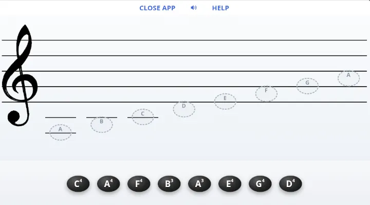 The Notes Have Names app: a staff with ghost notes and a tray of black notes